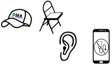 Black and white icons of a cap with the PMA logo, a folding chair, an ear, and a tablet device. On the screen of the tablet is a stethoscope in a circle with a line through it.
