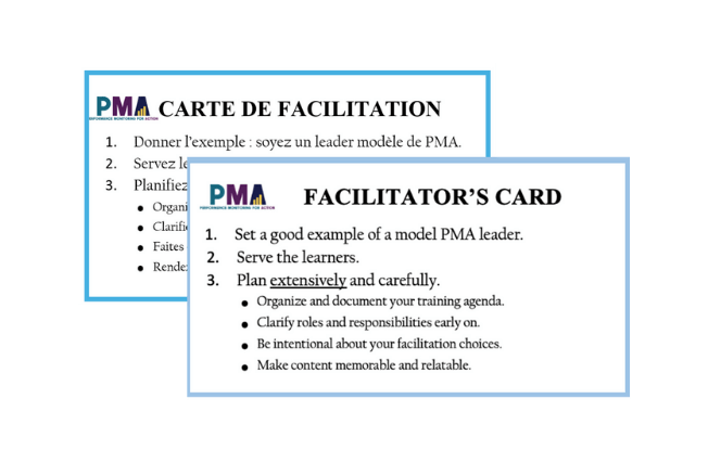 White rectangle with black text and the PMA logo in the top right corner. The black text says "Facilitator's Card" and lists the first three tips that the card includes.