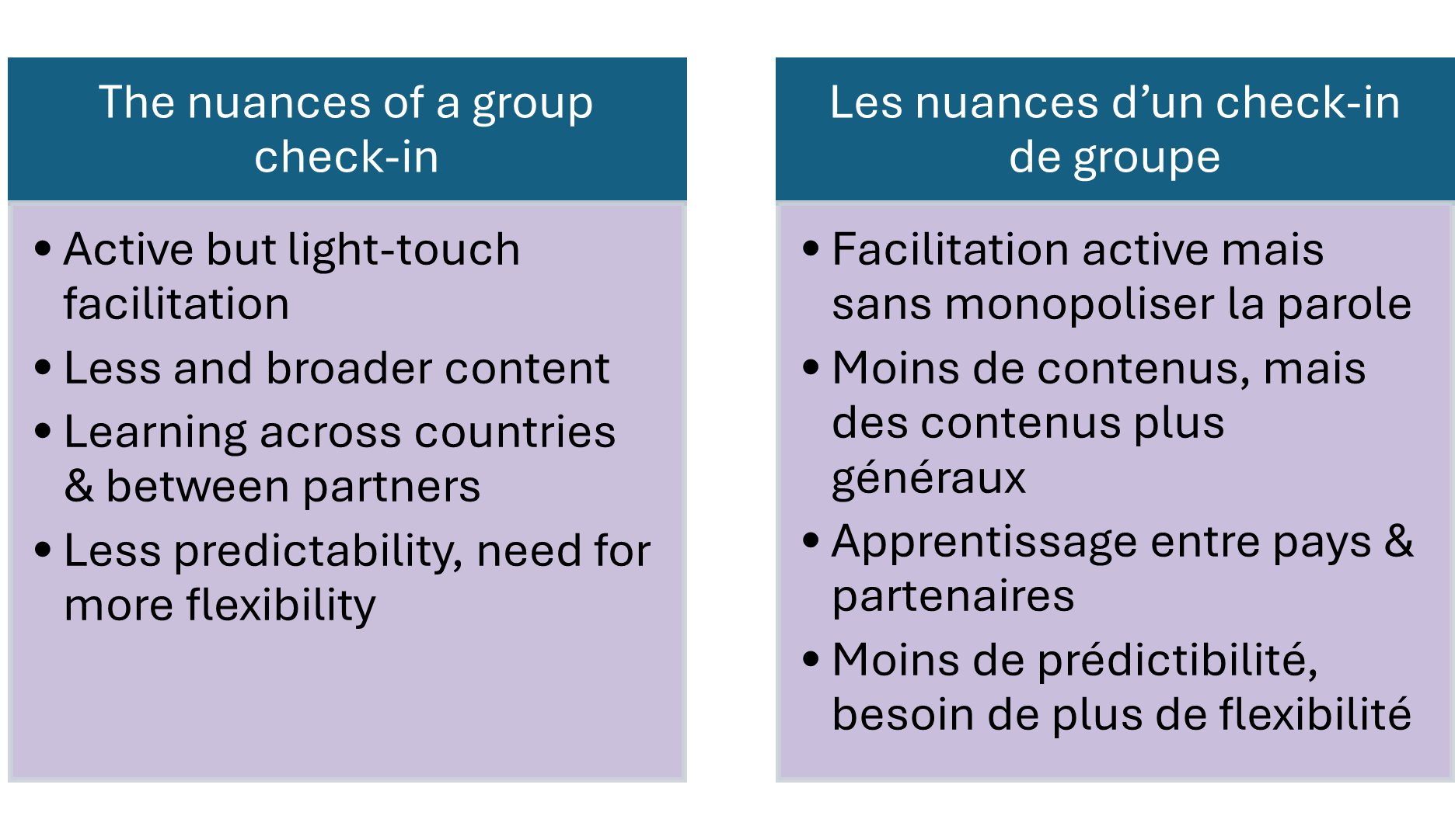 Two colored boxes side by side with English and French text 