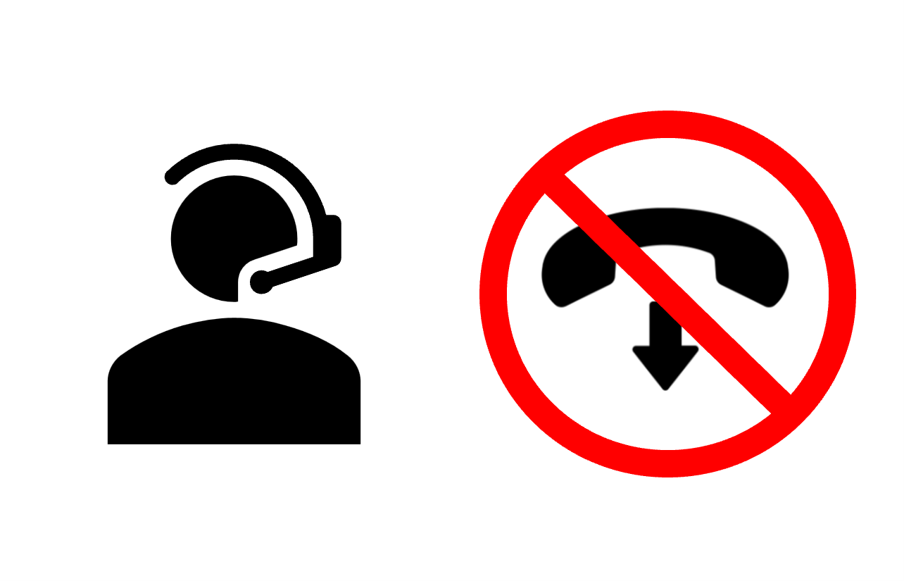 On the left, a black and white icon of a person with a headset. On the right, an icon of a phone being hung up surrounded by a red circle with a line through it.