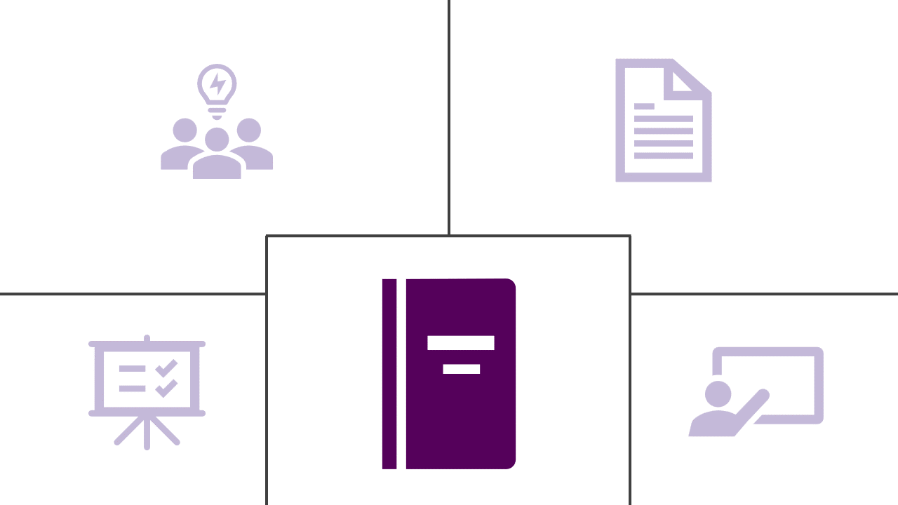 Purple notebook in a center box surrounded by 4 boxes containing a icons of a paper, person presenting at a board, a group of 3 people with an idea lightbulb, and a presentation on a board